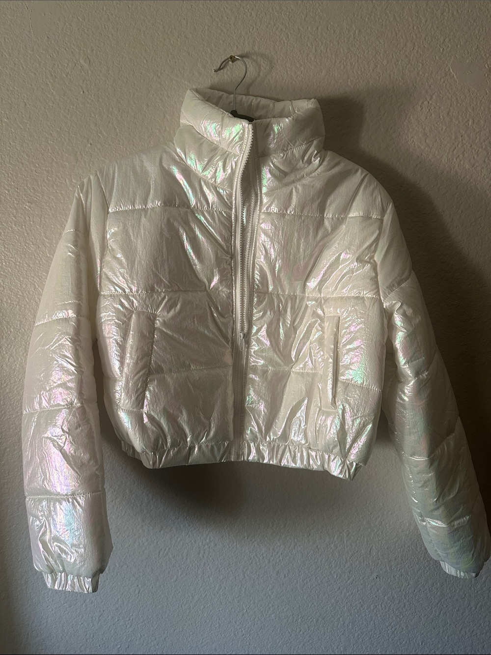 Papermoon Iridescent White Cropped Puffer Jacket